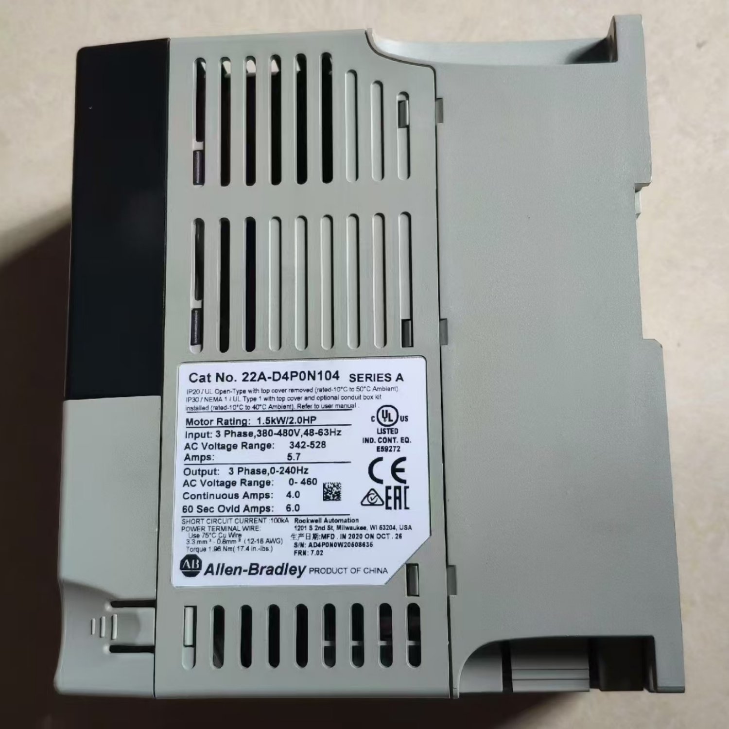 ALLEN-BRADLEY 22A-D4P0N104 Variable Frequency Drive (VFD) (PowerFlex 4) - Image 3