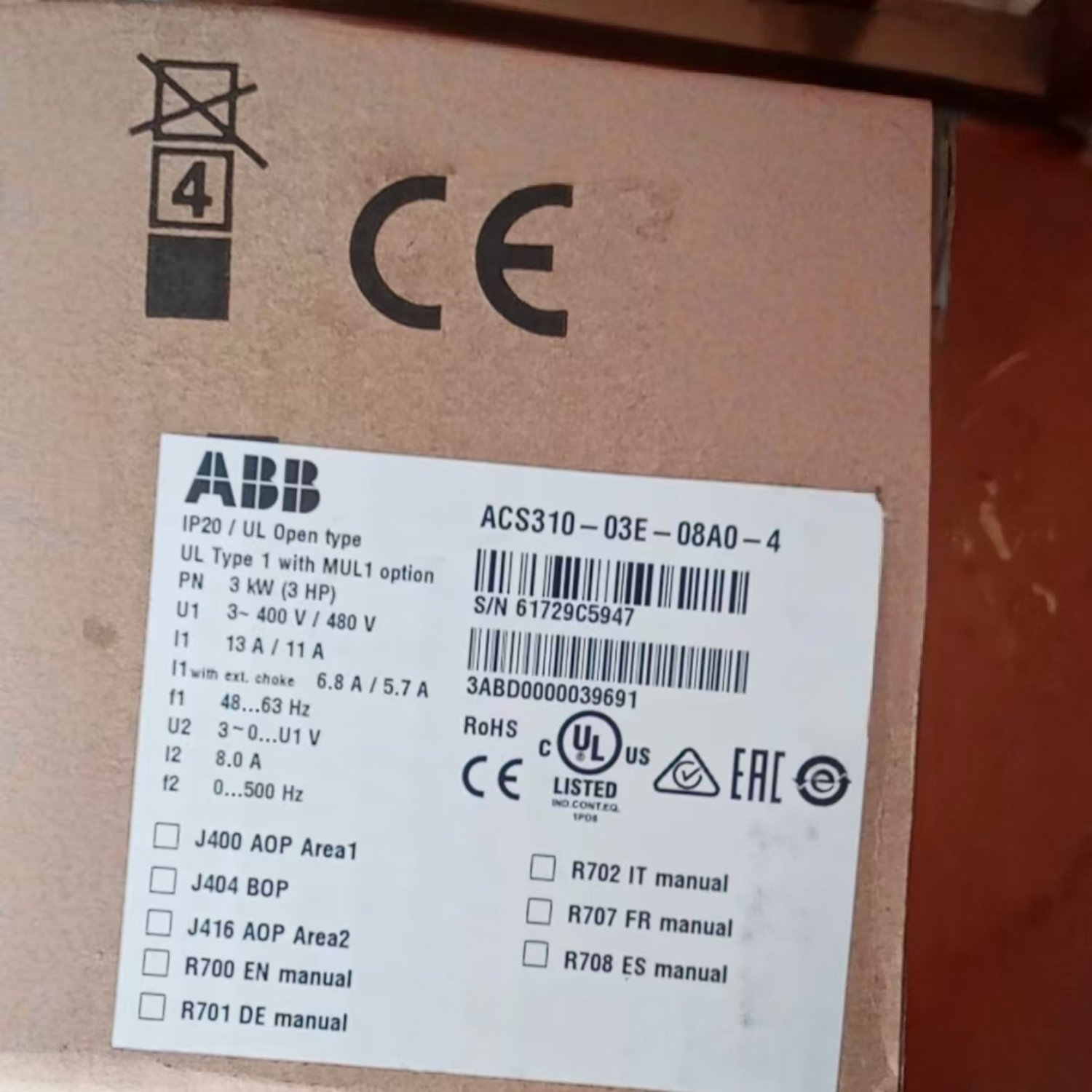 ABB ACS310-03E-08A0-4 General Purpose AC Drive (3.0 kW / 3 hp, 380-480 V AC)