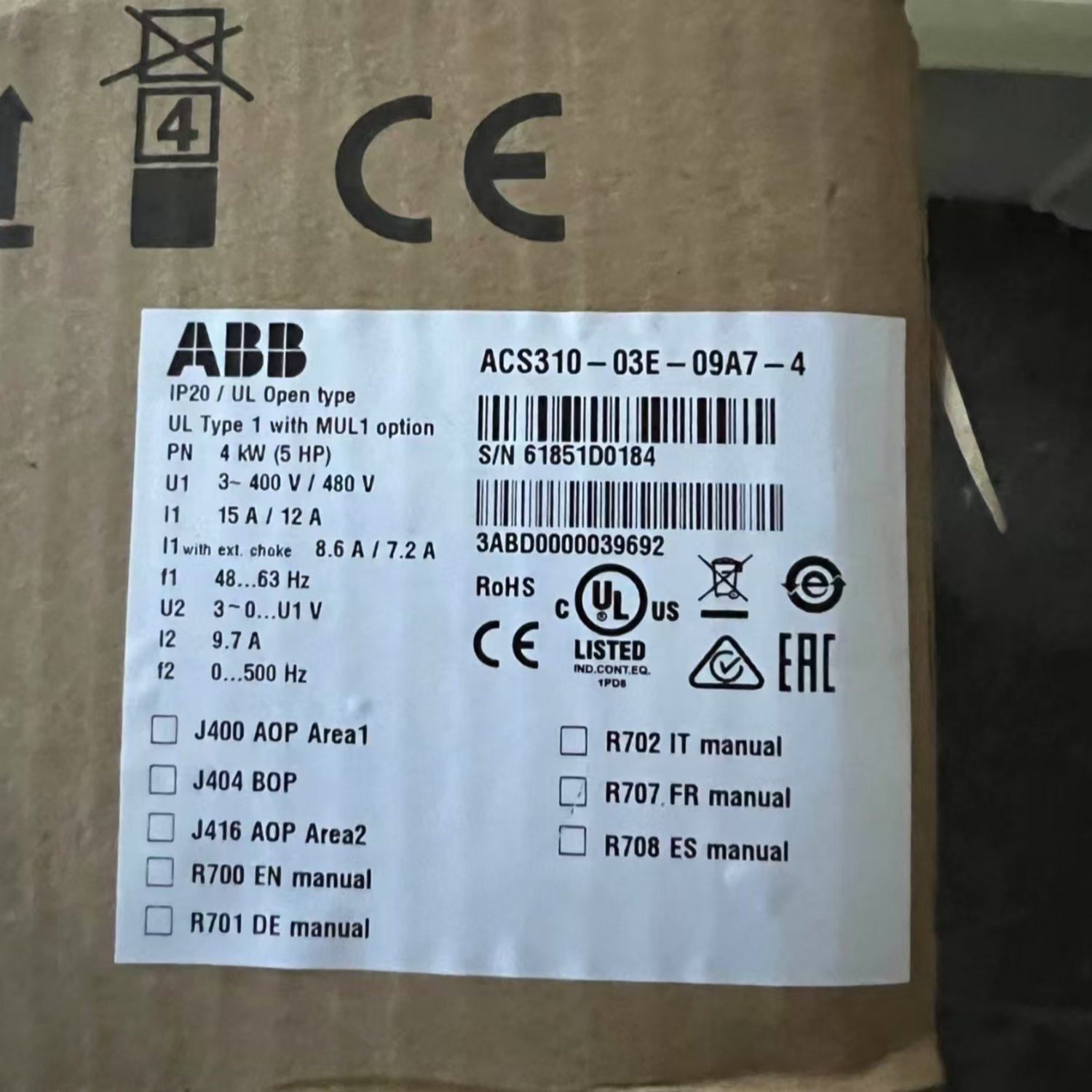 ABB ACS310-03E-09A7-4 General Purpose AC Drive (4.0 kW / 5 hp, 380-480 V AC)