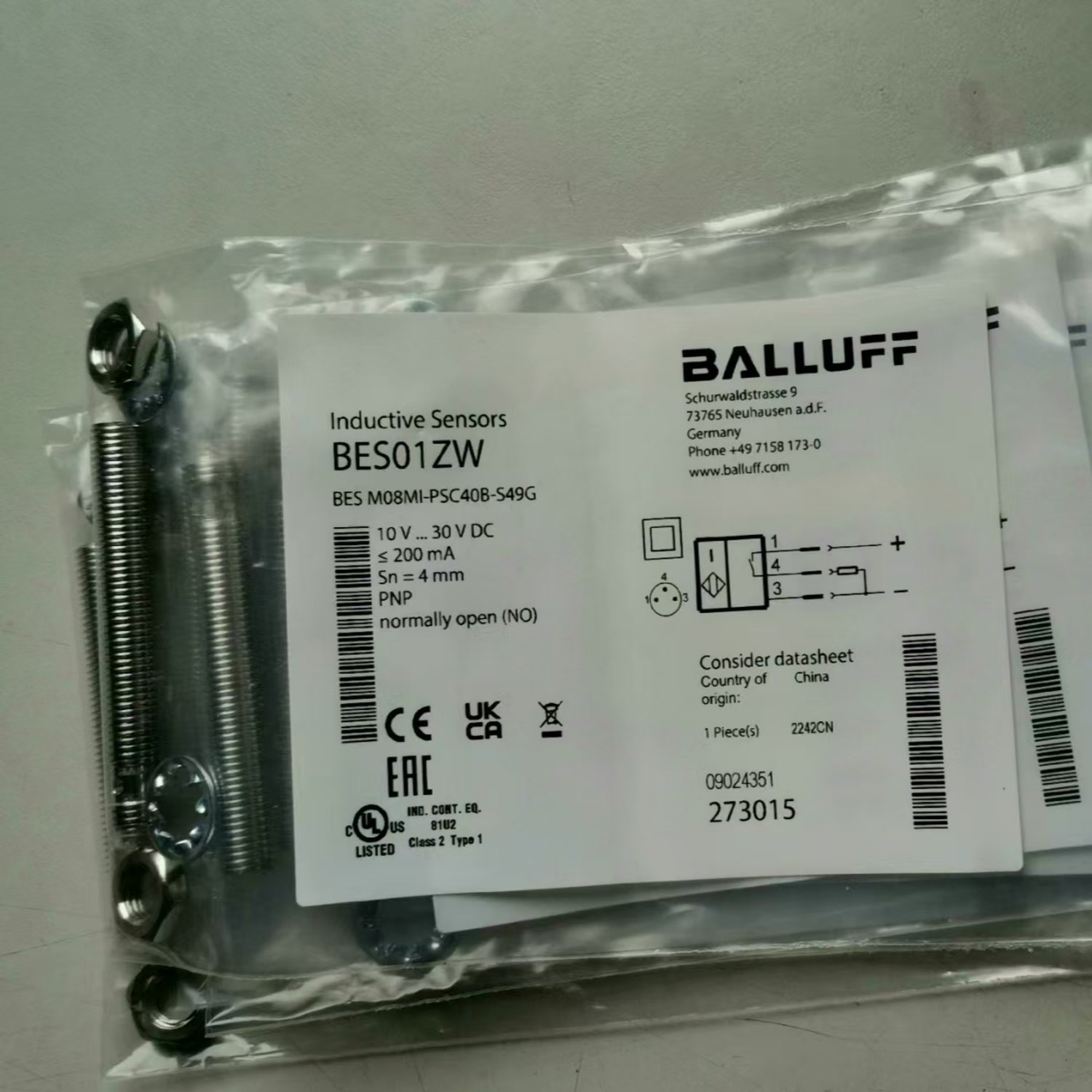Balluff BES M08MI-PSC40B-S49G Inductive Proximity Switch (M8, 4 mm, PNP NO, M8 Connector)