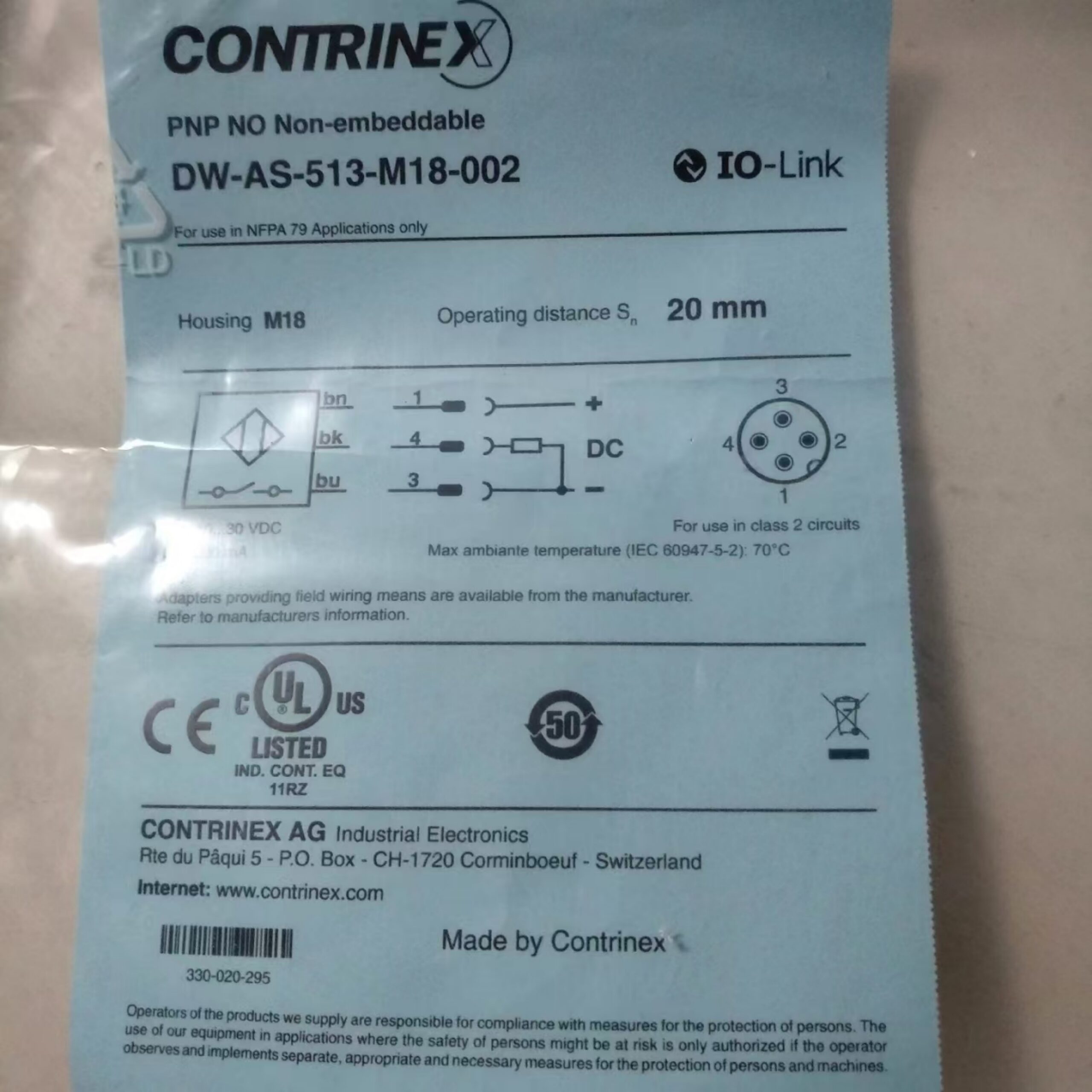 CONTRINEX DW-AS-513-M18-002 Inductive Proximity Sensor - Image 2