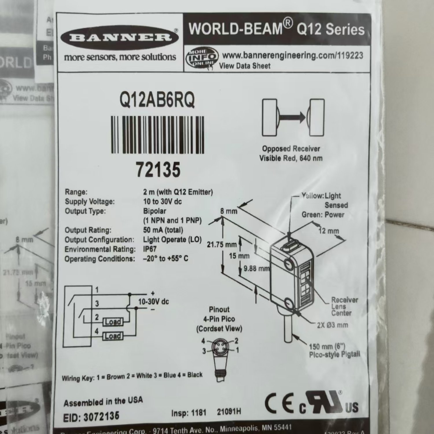 Banner Engineering Q12AB6RQ Opposed-Mode Photoelectric Sensor Receiver